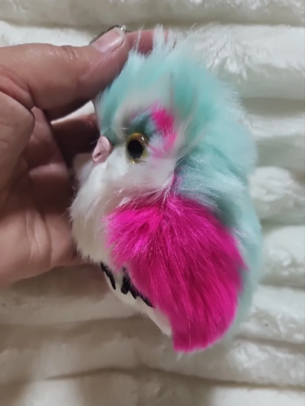 Source Unknown Pink & Turquoise Furry Owl Keychain. New No Tag